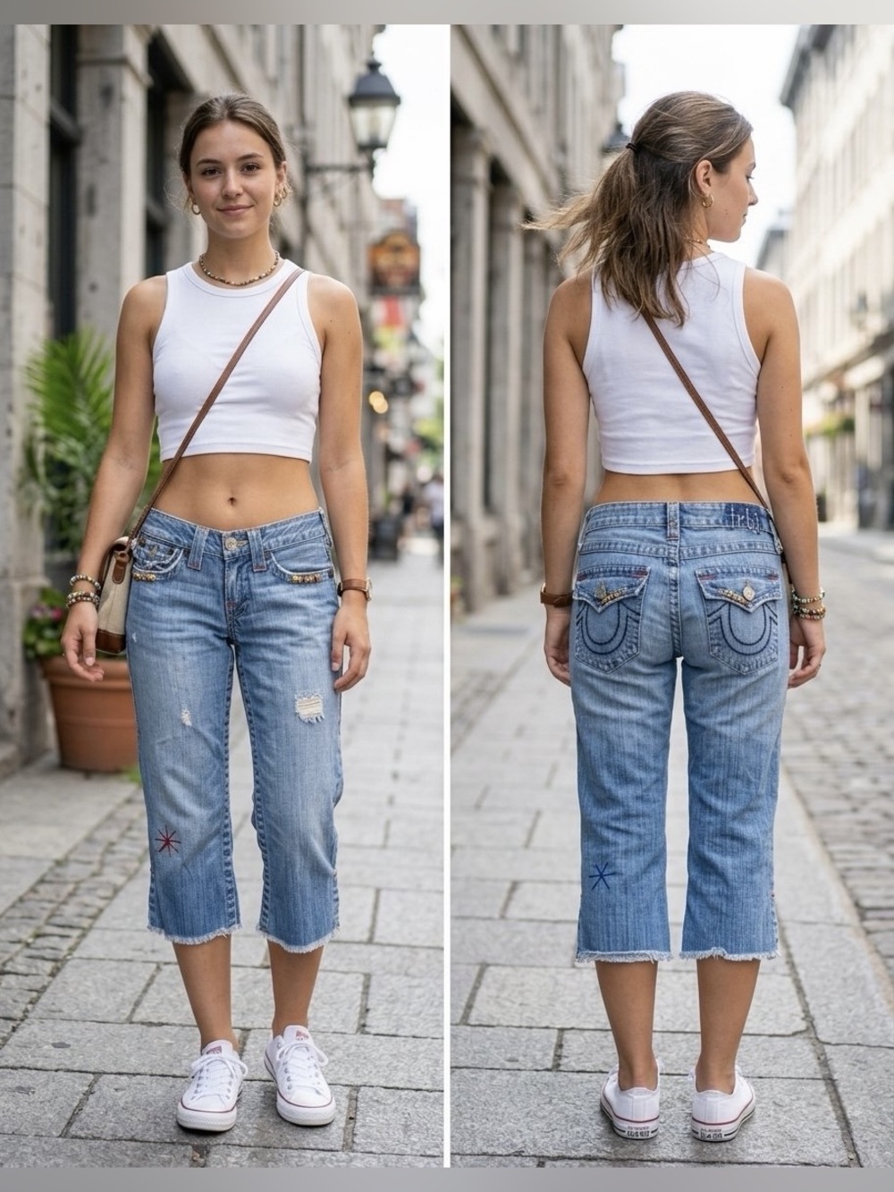 True Religion Women's Cropped Distressed Jeans Blue Y2K